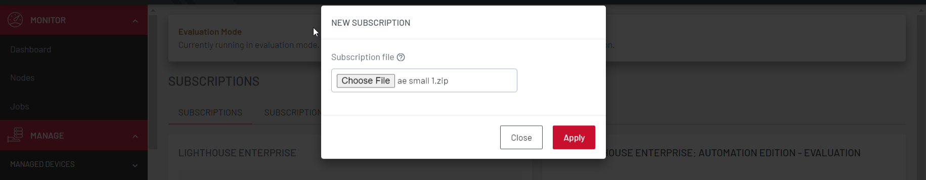 Image of Lighthouse UI showing how to add a subscription - 2